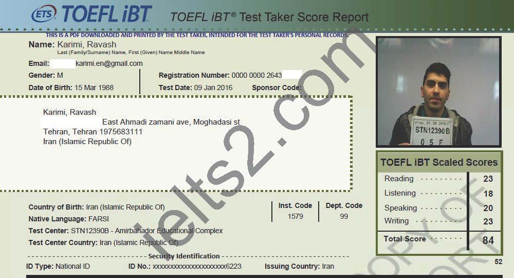 Ravash Karimi TOEFL Score